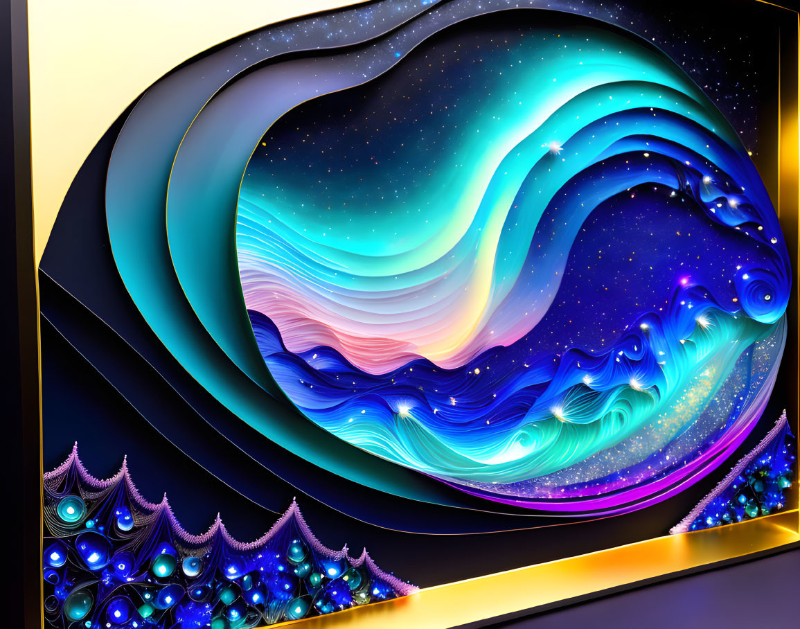 Vibrant wave with cosmic and fractal elements on golden-framed screen