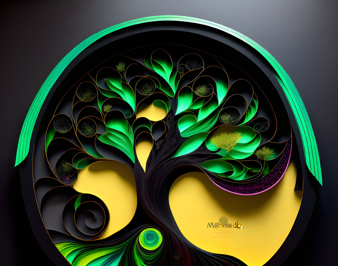 Colorful digital art: Stylized tree with intricate branches and leaves in circular frame