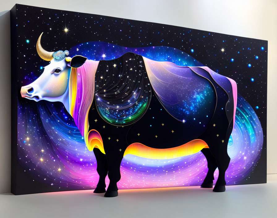 Colorful cosmic bull painting with stars, galaxies, and nebulas in art gallery