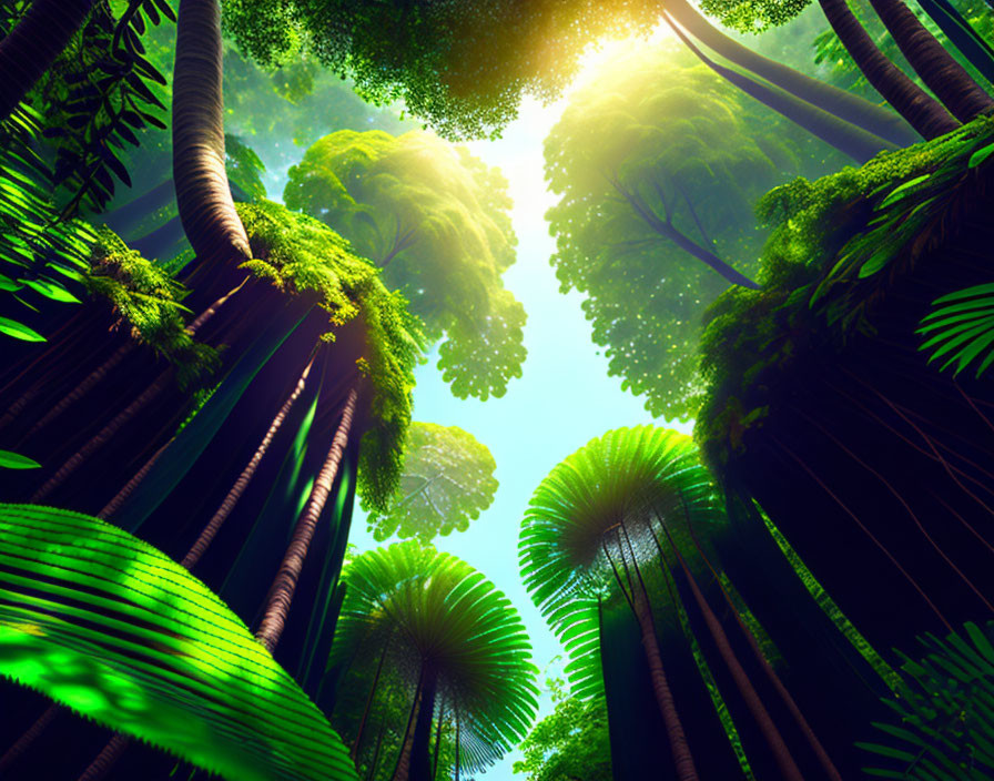 Vibrant forest canopy with sunlight filtering through lush greenery