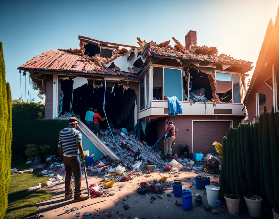 Collapsed roof and debris at damaged suburban house.