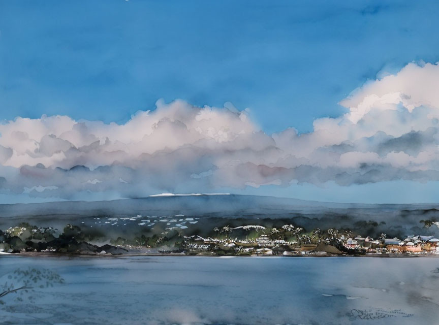 Tranquil lakeside village with misty mountains and blue sky