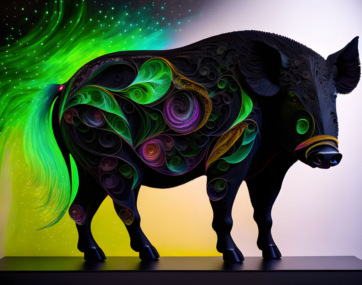 Colorful Stylized Pig Artwork on Vibrant Abstract Background