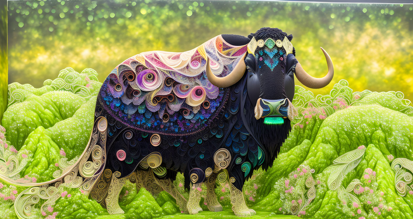 Colorful Stylized Bison with Intricate Patterns in Vibrant Landscape