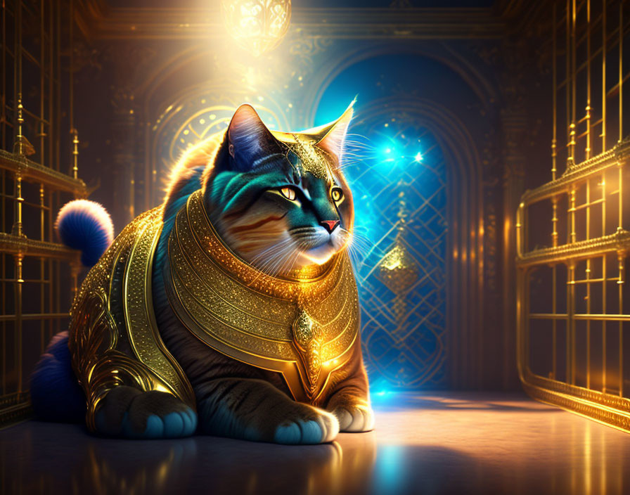 Majestic cat in golden armor in ornate, illuminated hallway