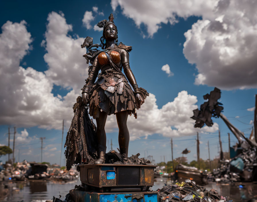 Bronze warrior woman statue on pedestal under dramatic sky