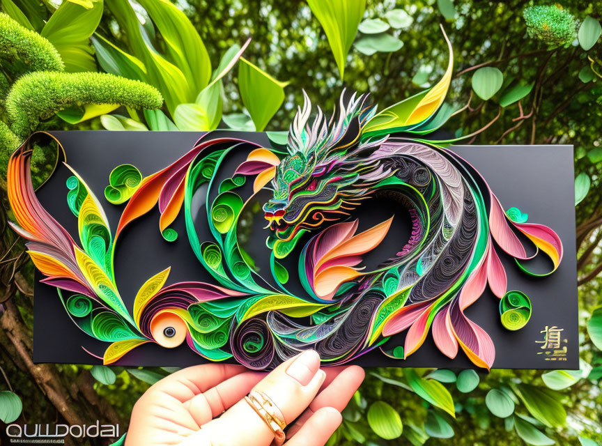 Colorful Quilled Paper Dragon Against Green Foliage