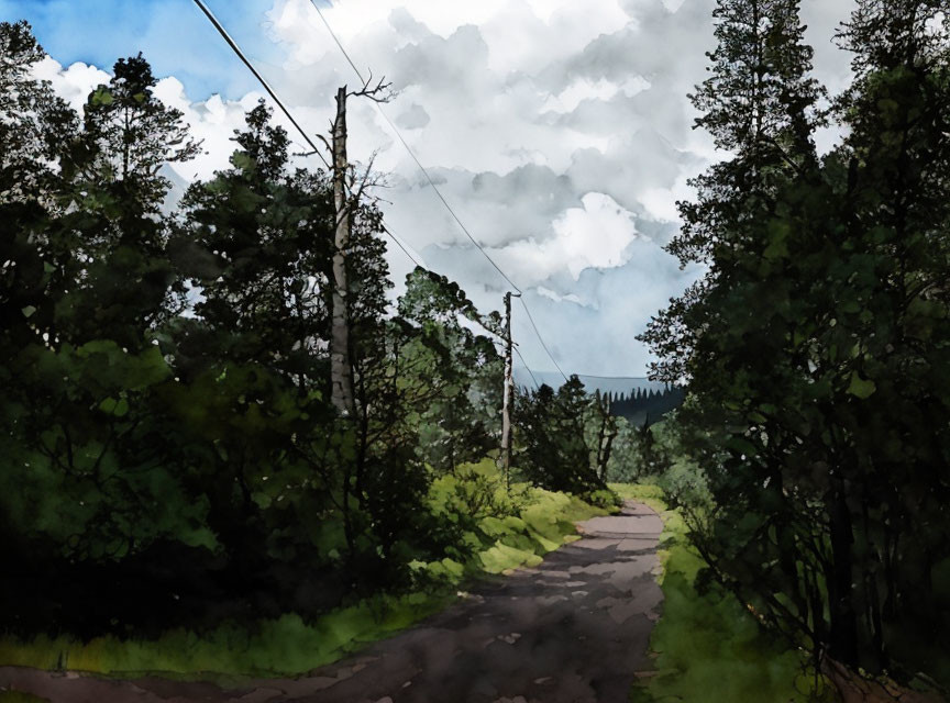 Country Road Landscape with Green Trees and Cloudy Sky