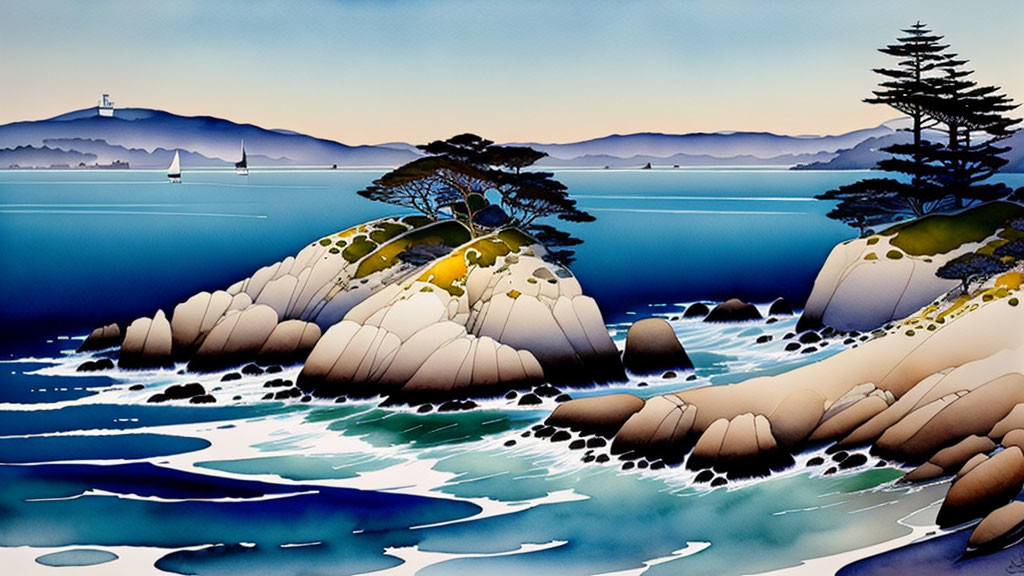 Stylized landscape artwork of rolling hills, trees, rocks, sea, sailboats, and l