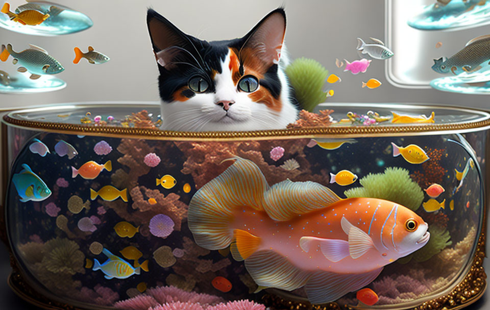 Curious calico cat gazes at vibrant fishbowl with colorful fish.