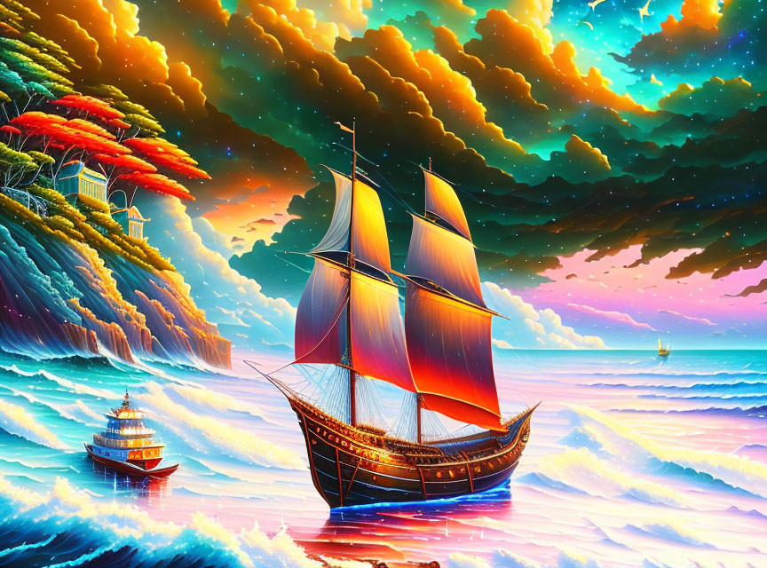 Colorful sunset seascape with sailing ship and boats