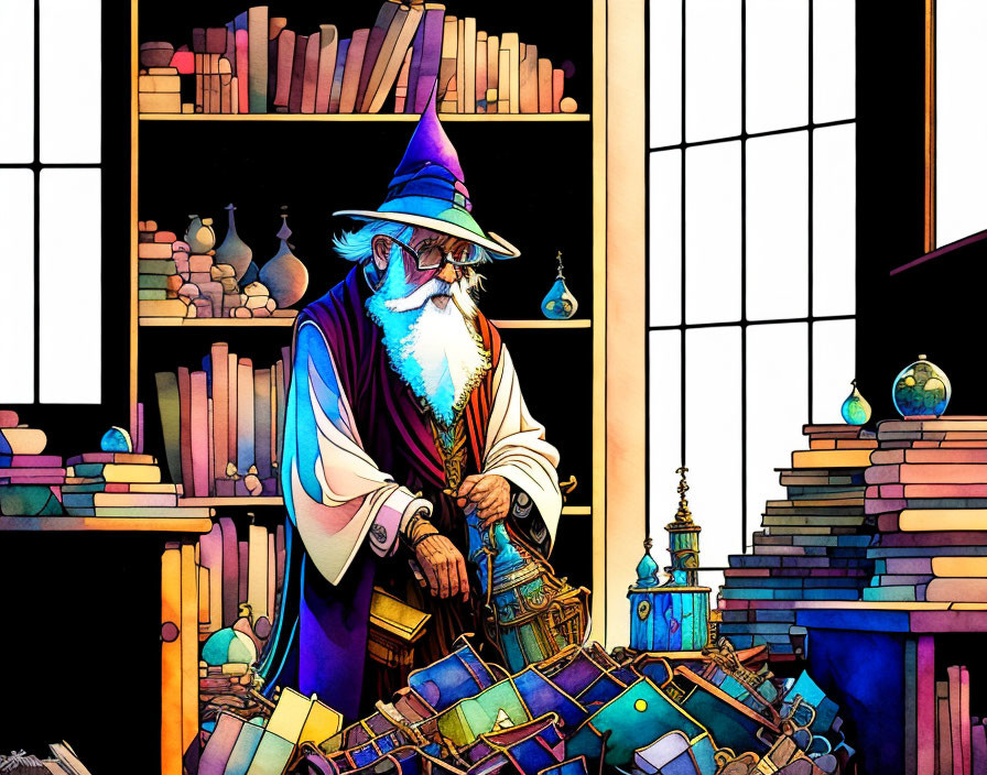 Illustrated wizard in purple robes with treasure chest in magical room.