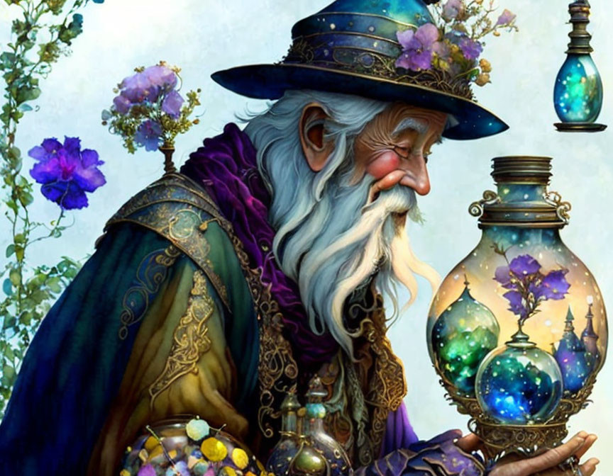 Elderly wizard with long white beard and magical lantern