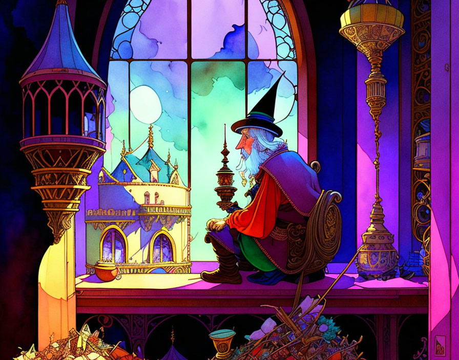 Wizard in Red Robe Surrounded by Magical Items and Castle View