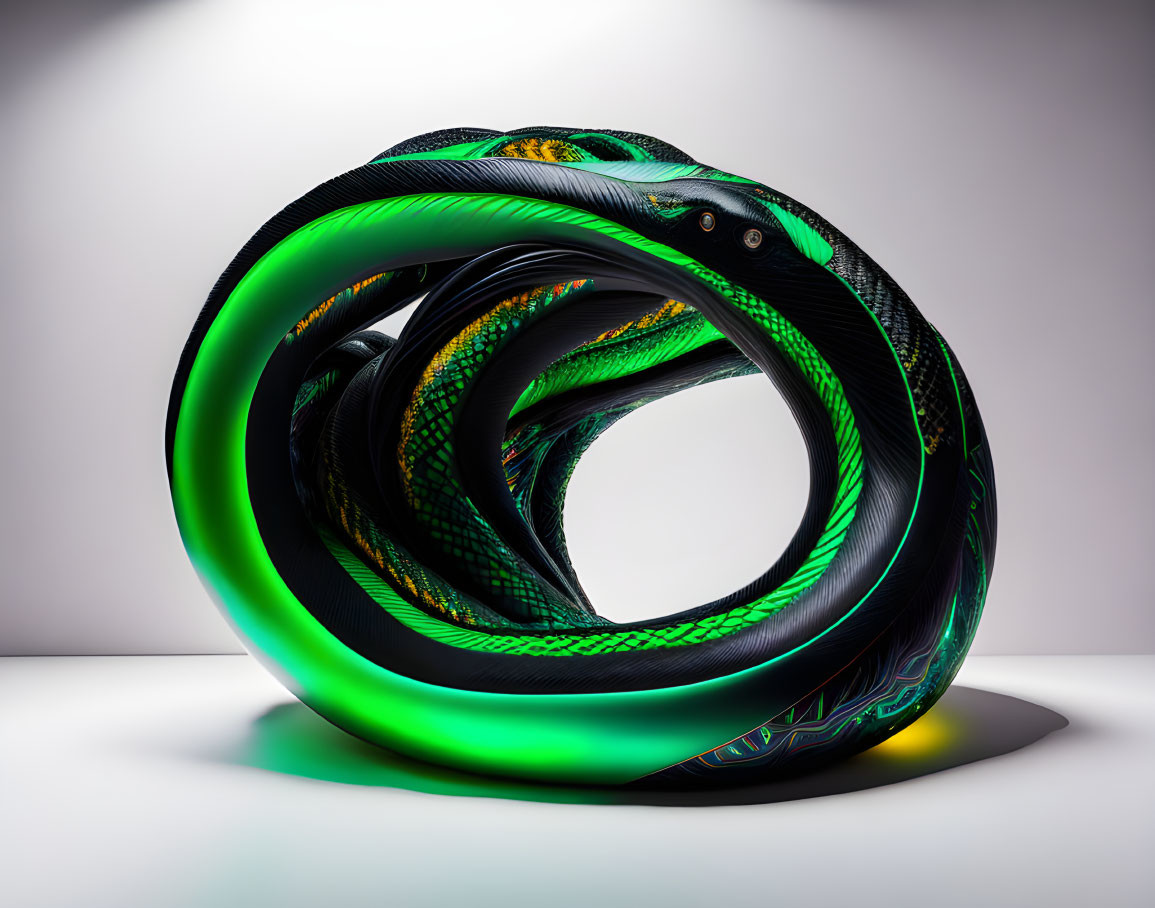 Detailed 3D snake illustration in infinity loop with glowing green patterns