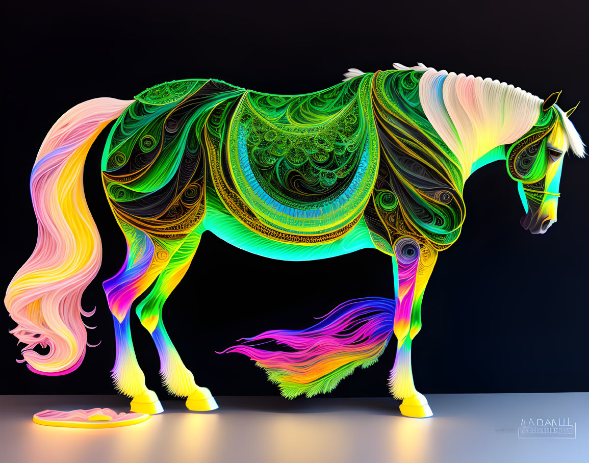 Colorful Horse Digital Artwork with Glowing Mane on Dark Background