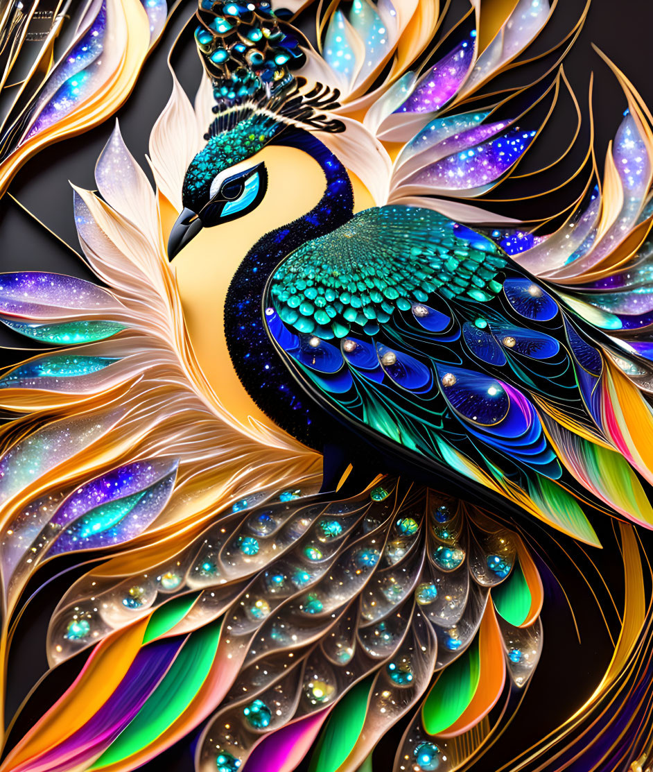 Colorful digital artwork: Peacock with intricate patterns and jewel-toned feathers