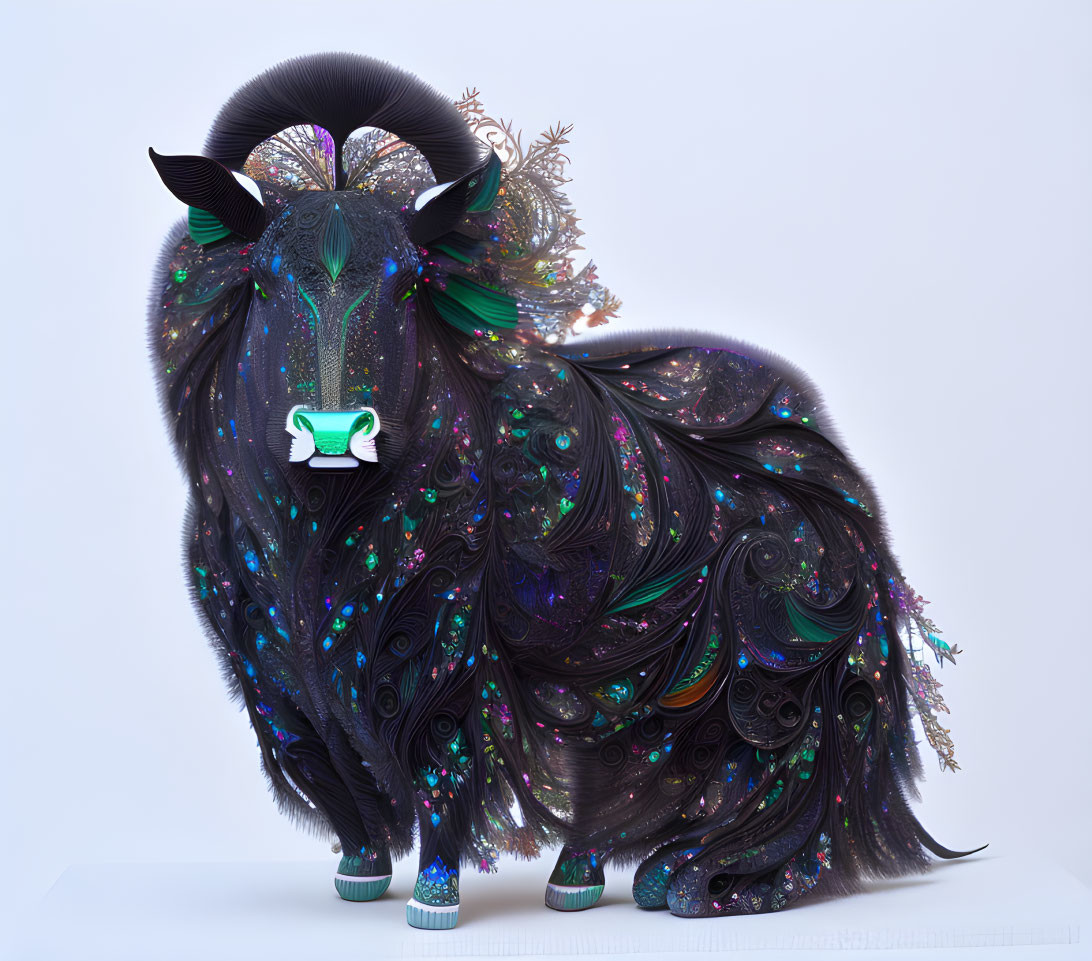 Iridescent ram digital art with ornate patterns and teacup