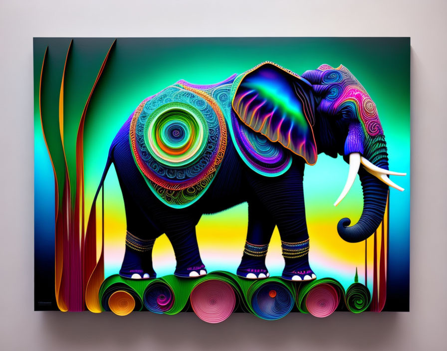 Vibrant abstract elephant art in modern frame