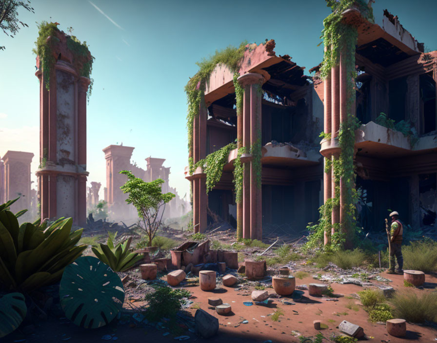 Soldier exploring overgrown ruins with classical columns under blue sky