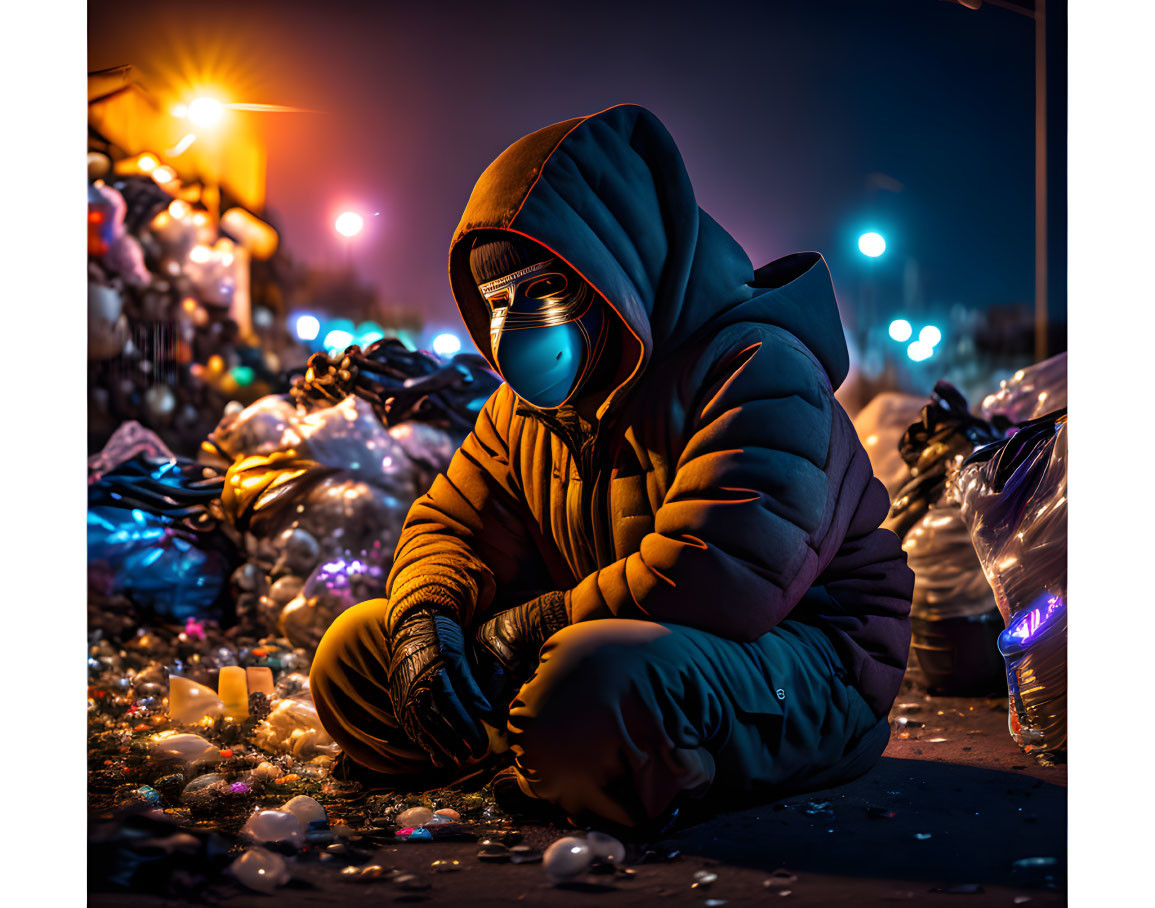 Person in hooded jacket and mask among garbage at night with warm and cool lights.