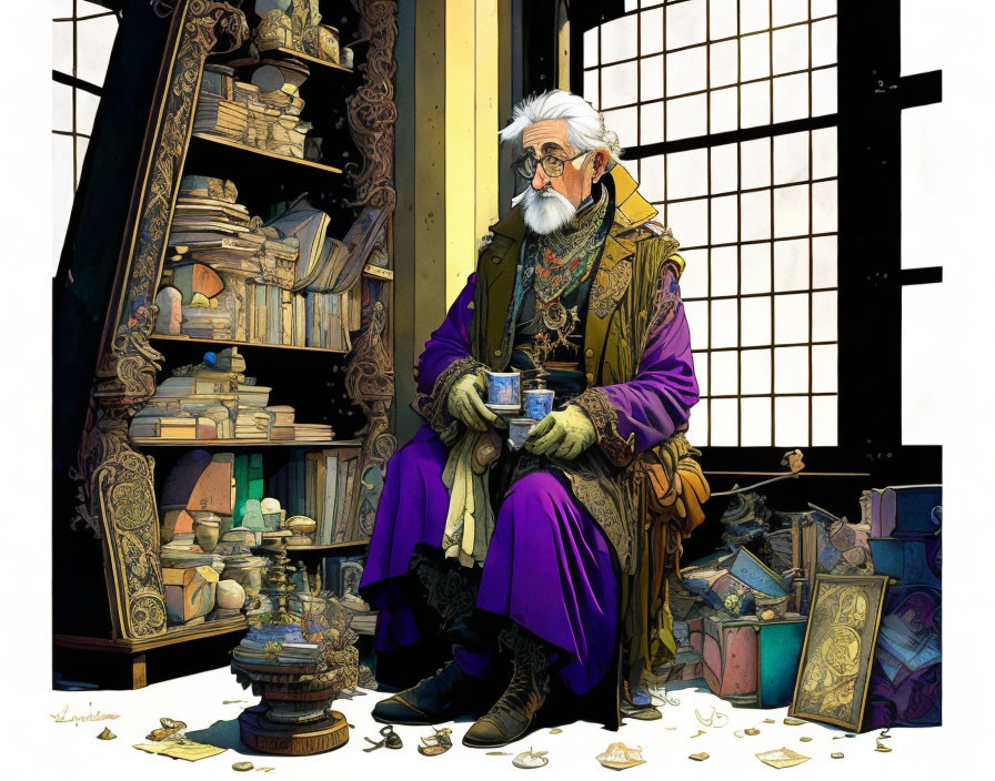 Elderly man in purple robes with beard by bookshelf and lamp