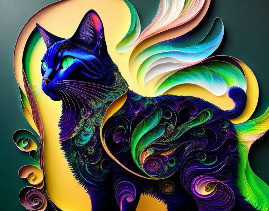 Colorful Stylized Digital Artwork: Intricate Cat Design on Dark Background