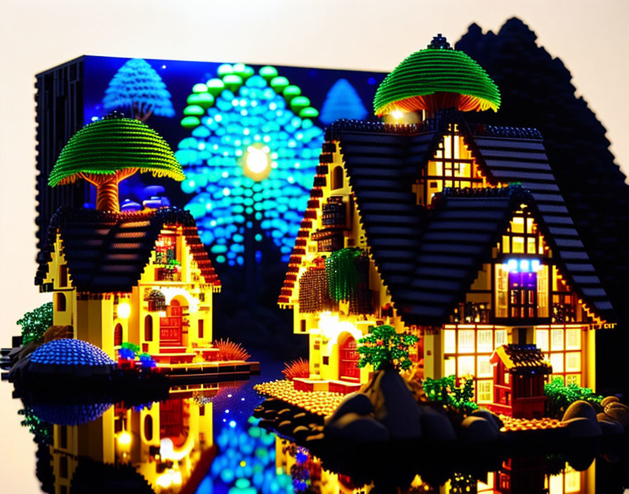 Colorful illuminated LEGO houses with spherical structures on glossy surface