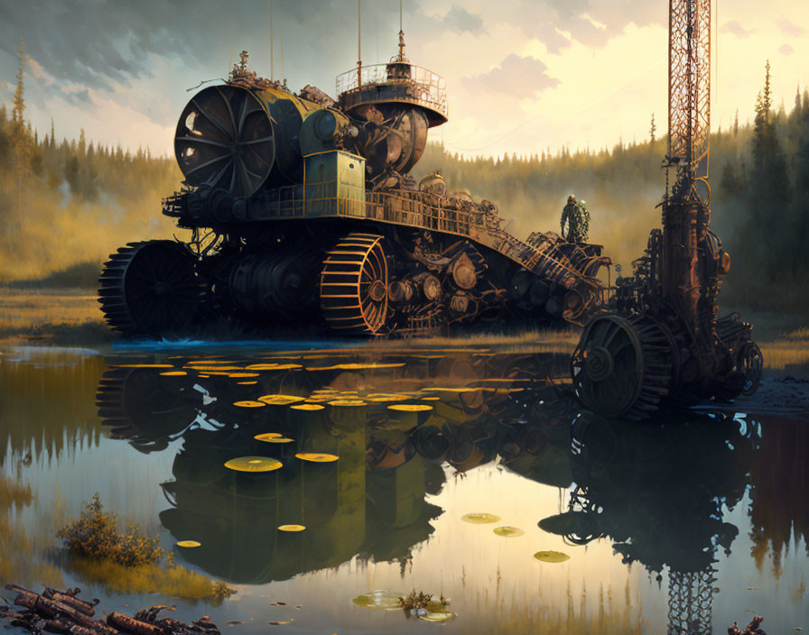 Gigantic steampunk land vehicle with treads near water at sunset