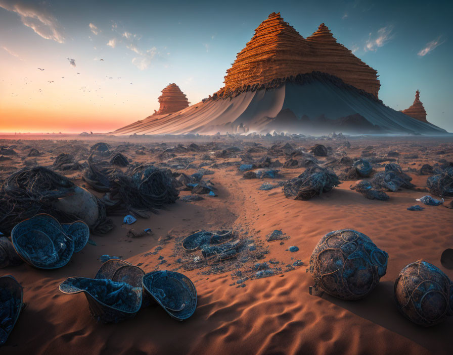 Desert sunset with layered rocks and spherical boulders