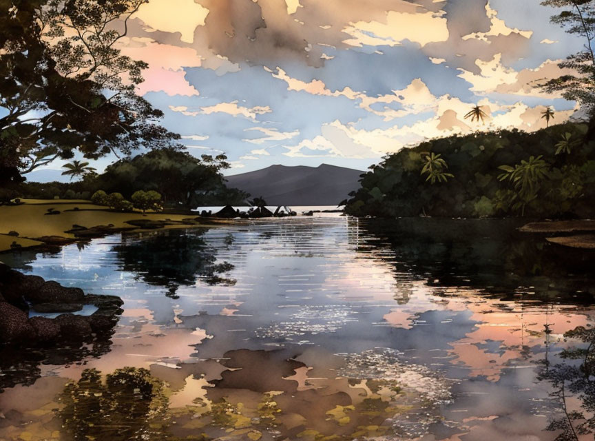 Tranquil sunset landscape with lake, trees, and mountains