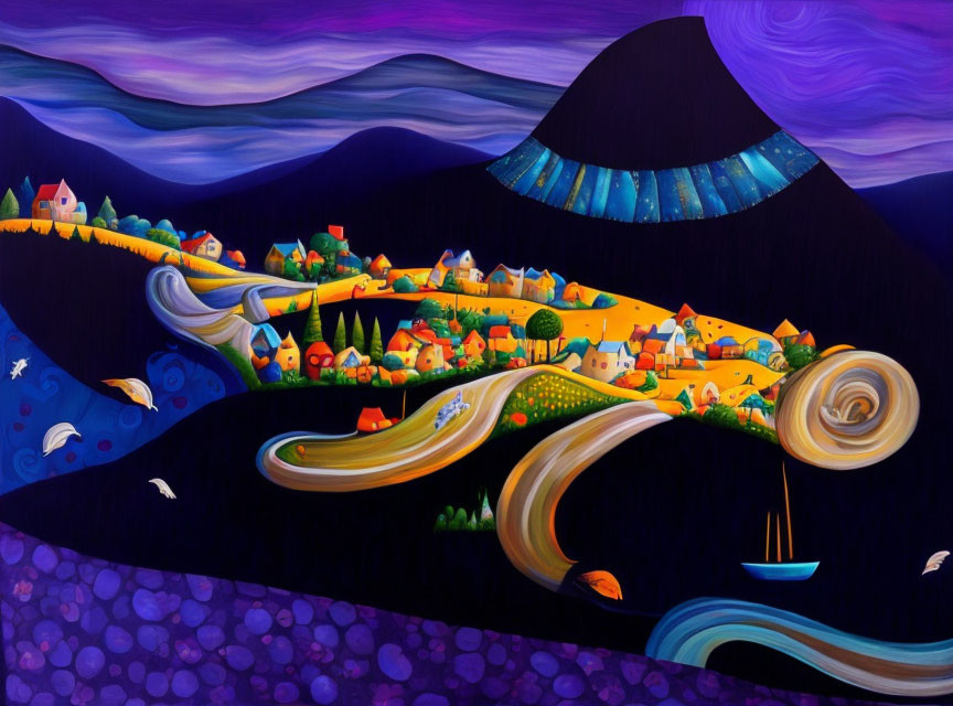 Vibrant landscape painting with swirling roads and starry sky