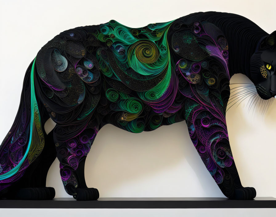 Colorful Cat Artwork with Swirling Patterns in Black, Green, and Purple