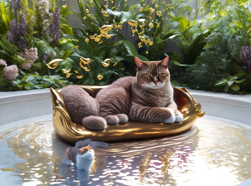 Fluffy striped cat lounging in golden bowl with greenery and golden fish