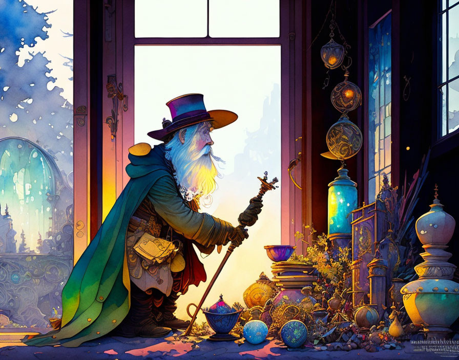 Wizard with staff and purple hat in doorway with magical trinkets, gazing at castle at sunset