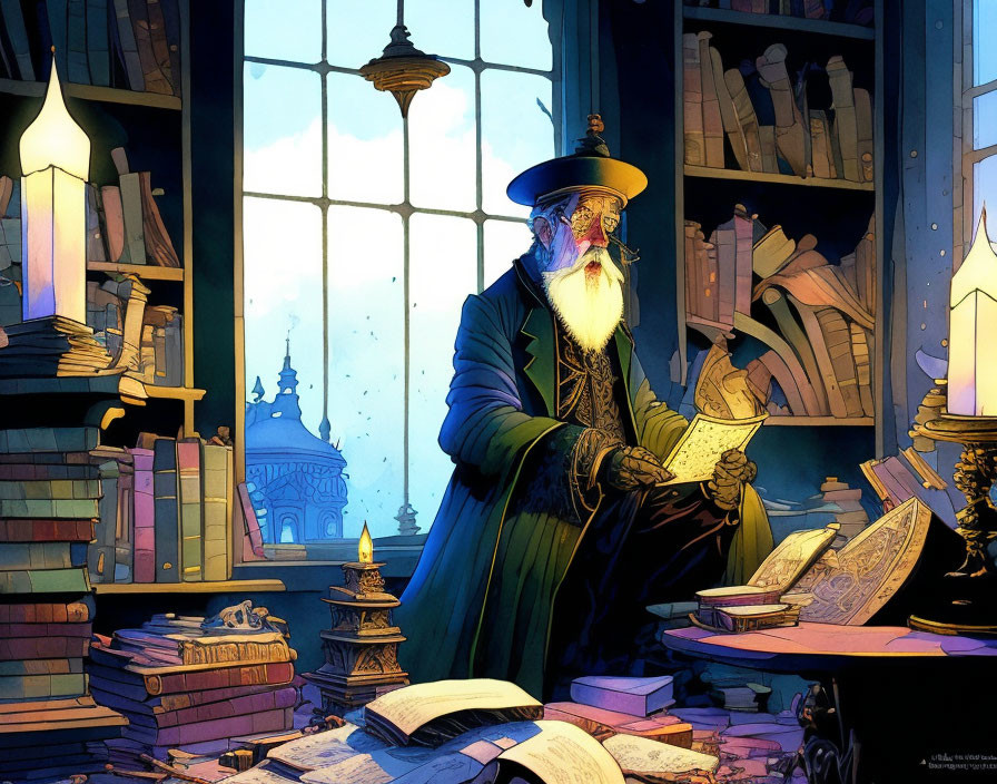 Bearded wizard surrounded by open books under chandelier light