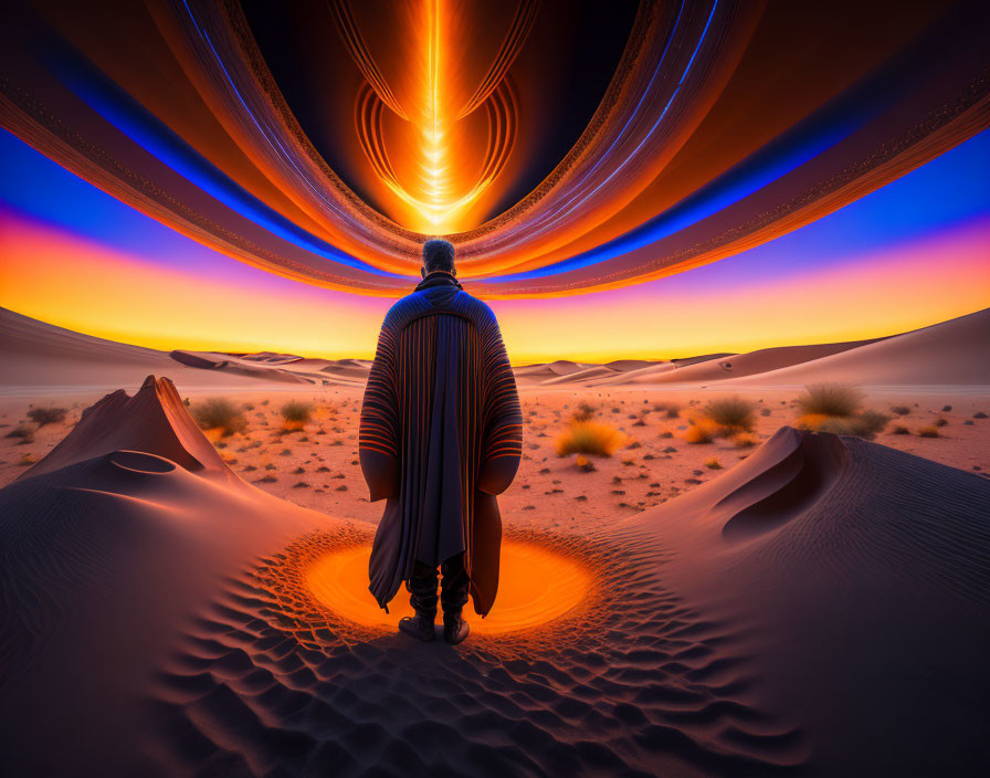 Cloaked figure in desert twilight faces swirling vortex in the sky