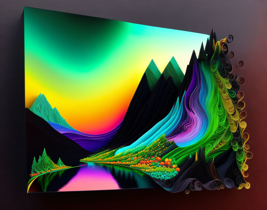 Colorful Abstract Art: Stylized Mountains and Swirling Patterns