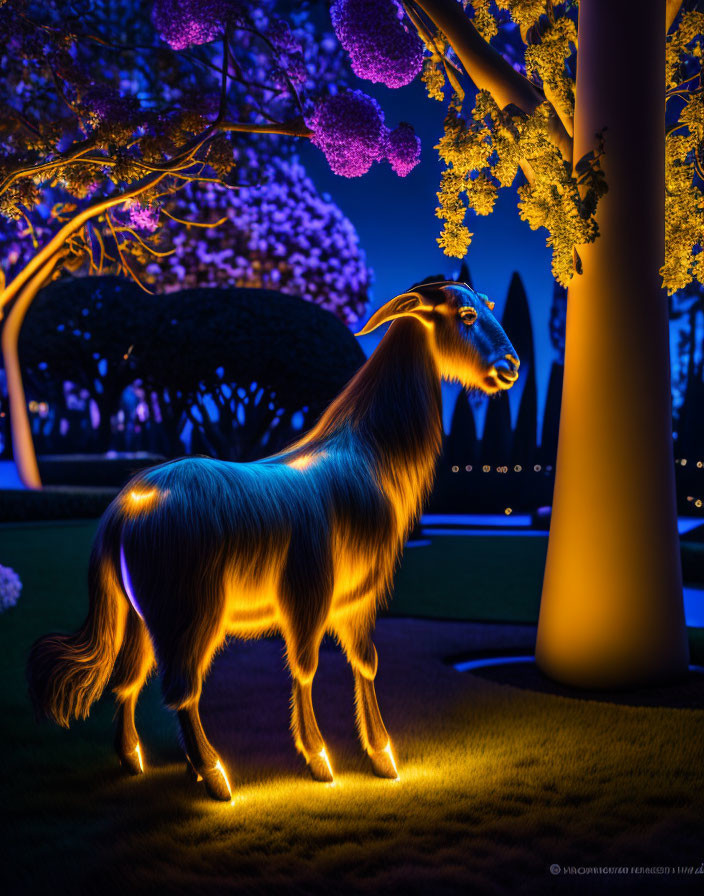 Neon-lit goat in vibrant night garden