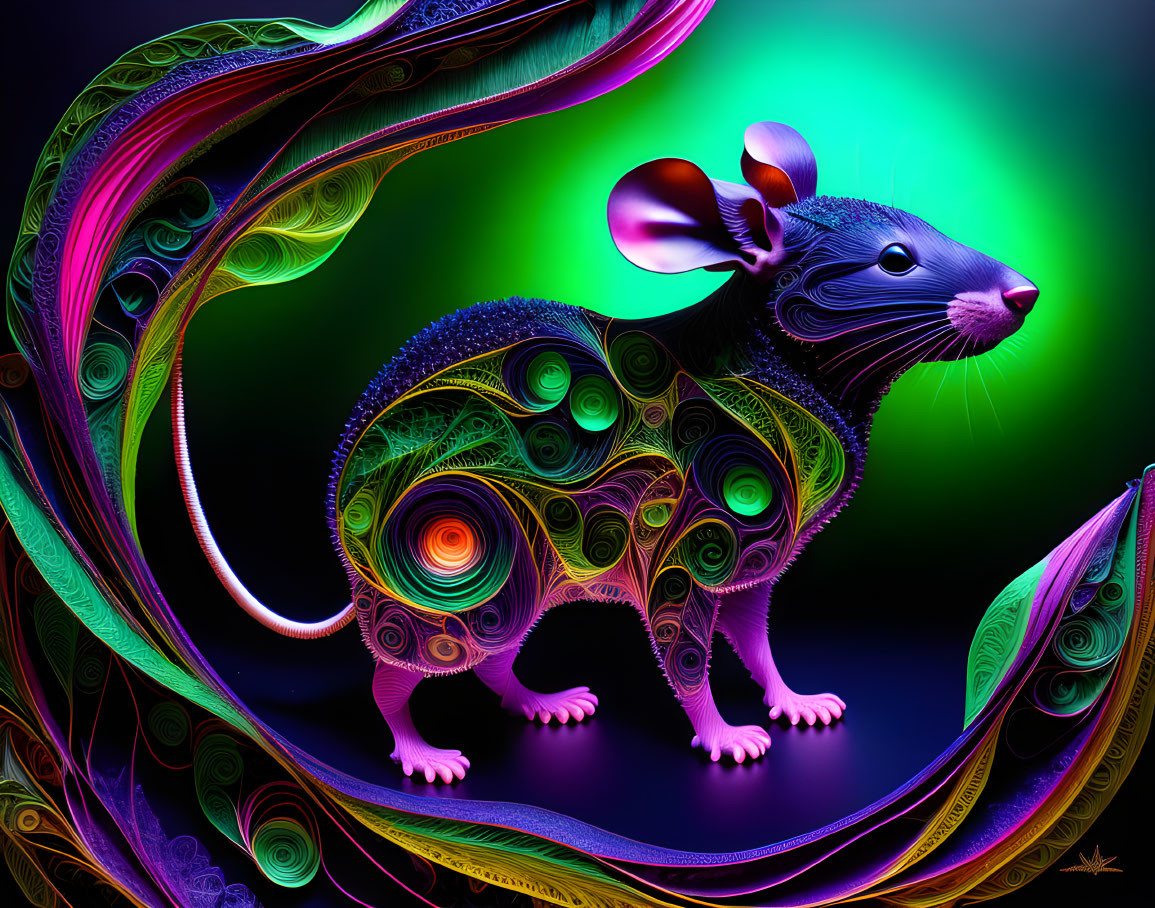 Colorful Stylized Mouse Art on Neon Green Background