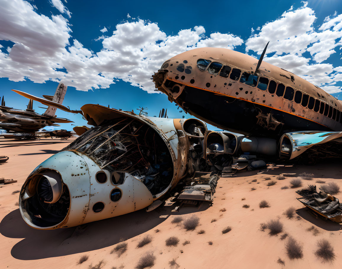 Abandoned airplanes in sandy desert with dismantled cockpit