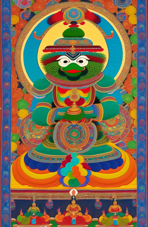 Vibrant Tibetan thangka painting of multi-armed deity on intricate background