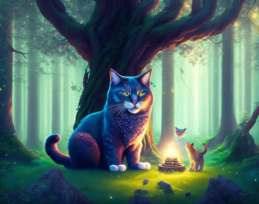 Mystical blue cat with stars beside smaller cat in enchanted forest