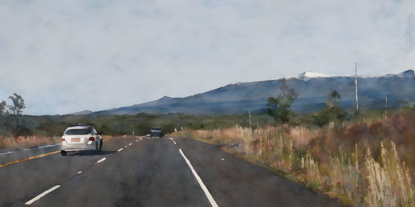 Scenic road with cars and mountain in watercolor style