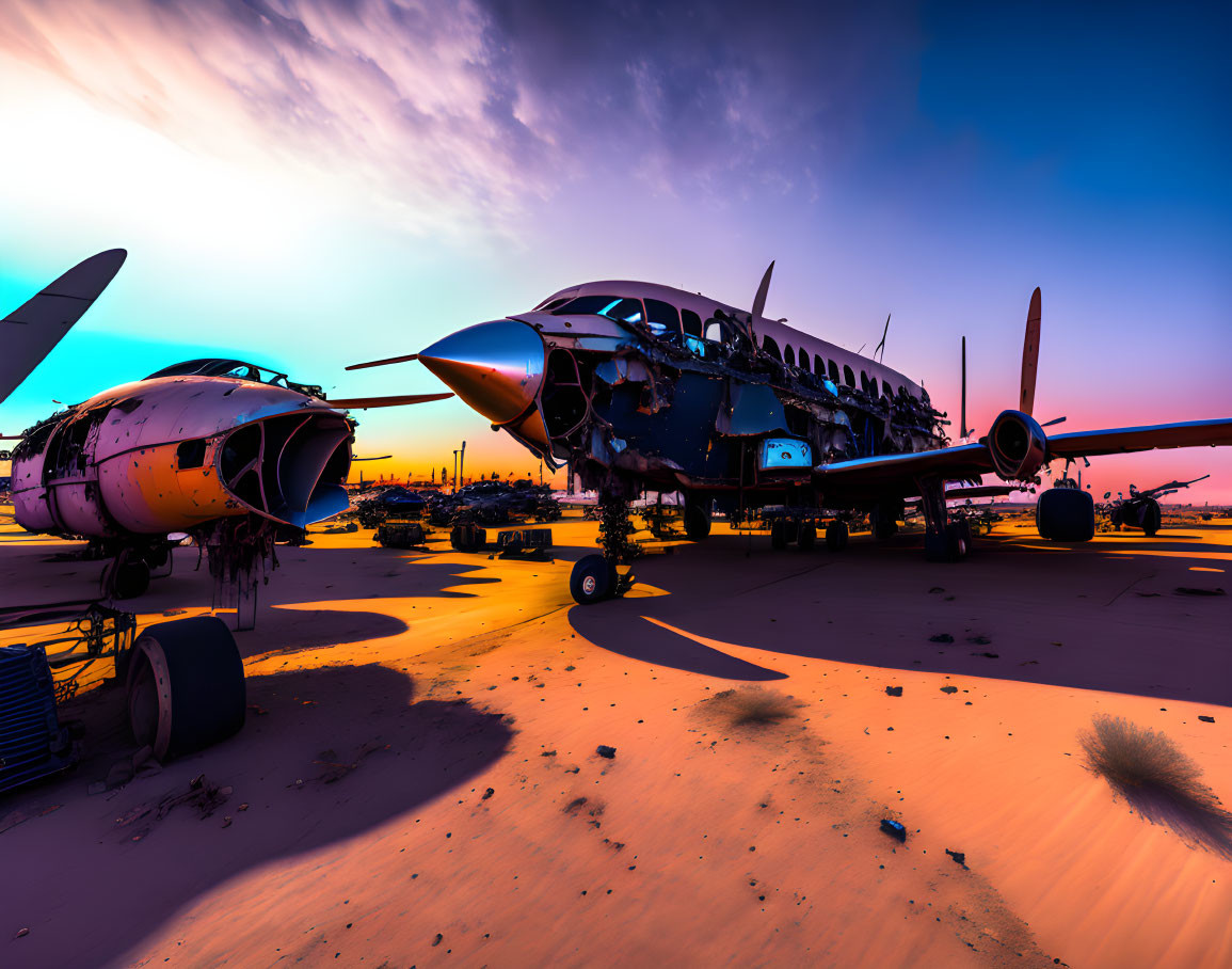 Abandoned airplanes in desert boneyard at sunset