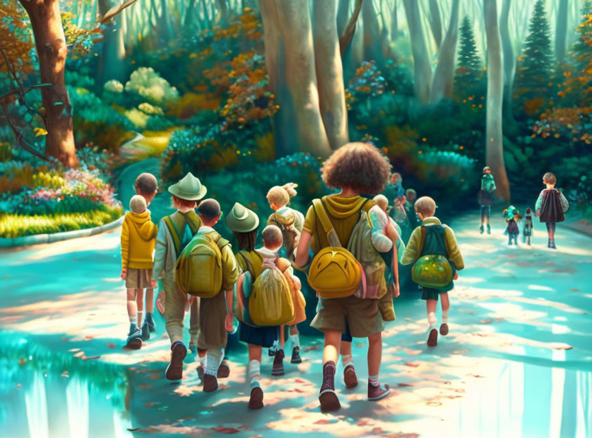 Children walking through magical forest with backpacks