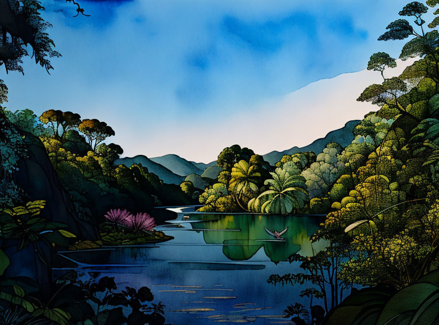 Tranquil forest illustration with river under dusky sky