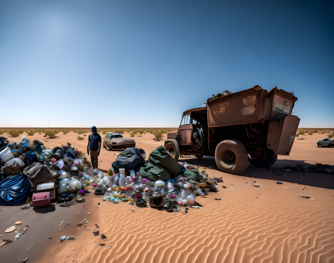 Desert landscape with abandoned truck and litter, two people nearby