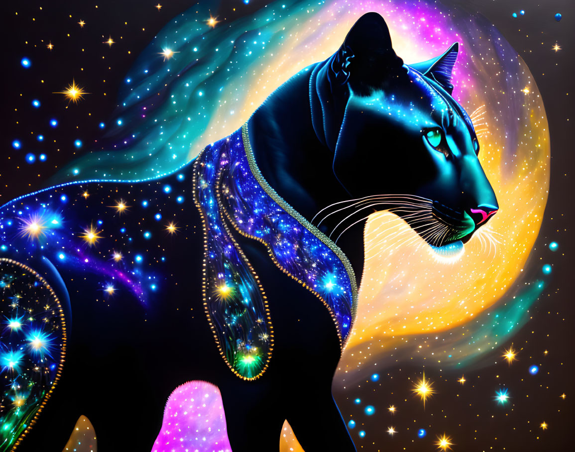 Cosmic panther digital art with stars and nebulae patterns