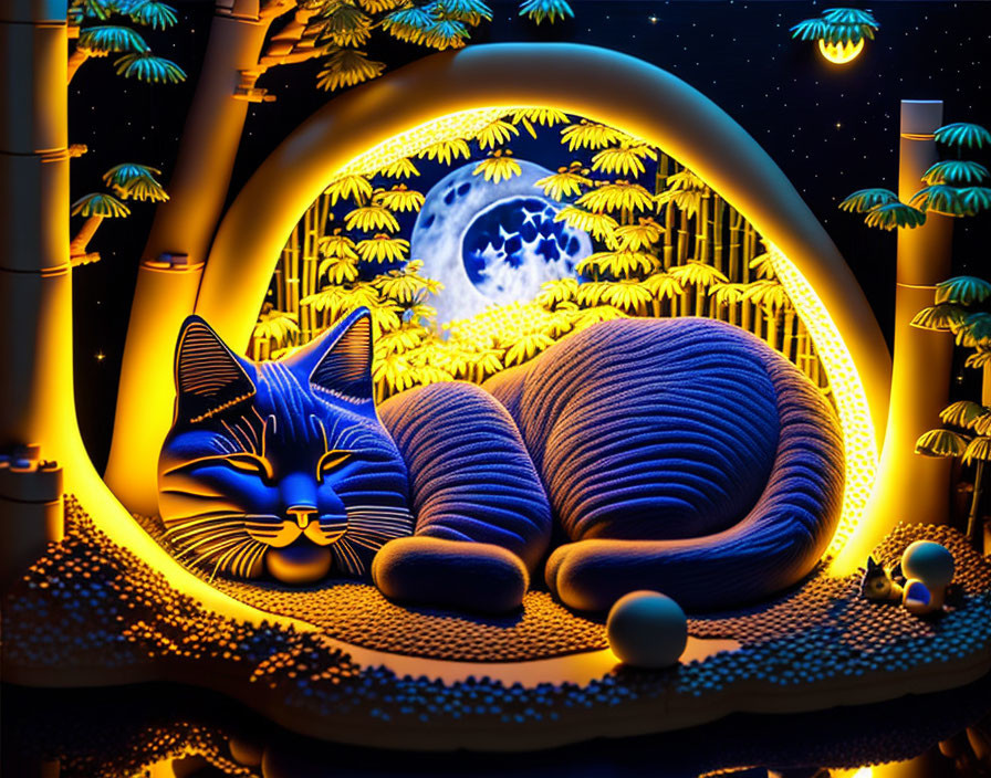 Blue Cat Sleeping Under Crescent Moon with Bamboo and Starry Night Sky